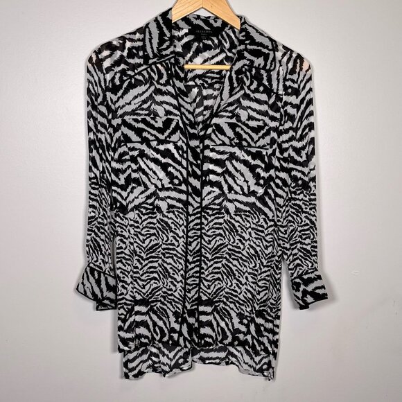 All Saints Ester Remix Zebra Animal Print Sheer Black White Womens Shirt - Picture 3 of 10